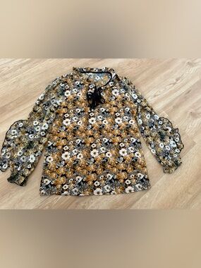 Floral Tie-Neck Long Sleeve Top - Mustard/Black